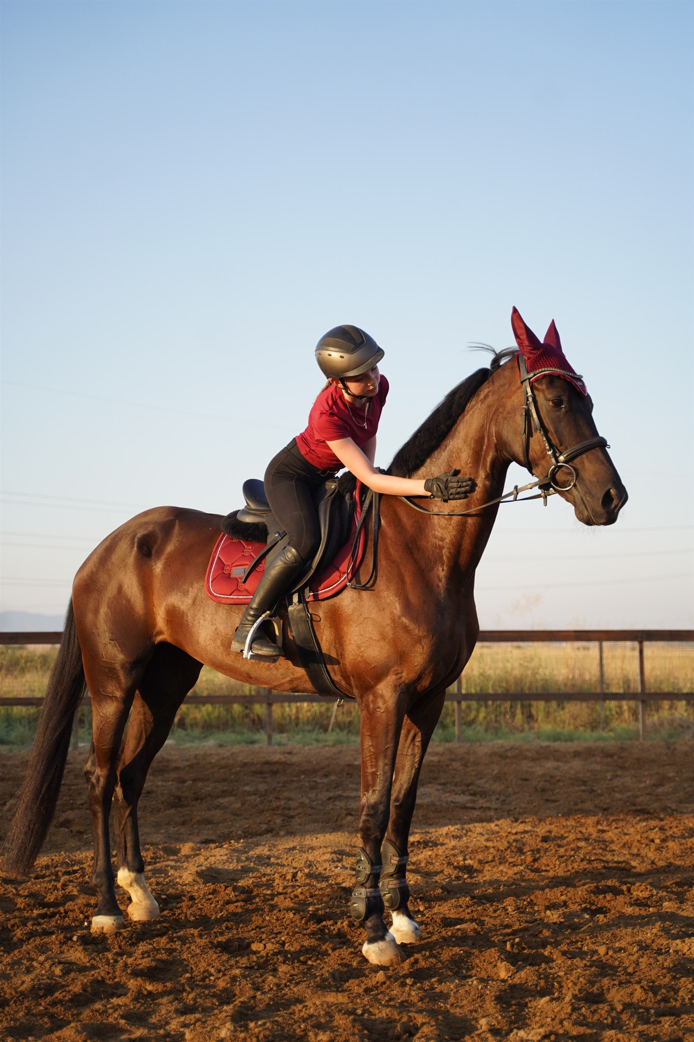 A student connecting with her horse during a riding lesson